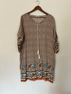 Boho Floral Tassel Tunic Dress in Rust and Blue